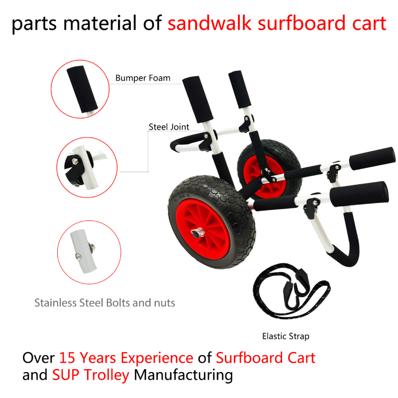 Sulankstomas SUP laivo vežimėlis – aliuminio lydinio rėmas, nerūdijančio plieno varžtai, putų buferis, atsparios važiuoklės padangos pliažui, kalnams ir nelygiems reljefams