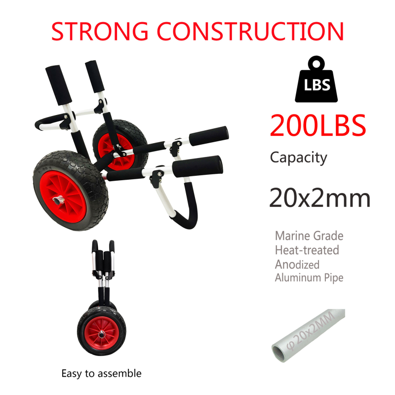 Sulankstomas SUP laivo vežimėlis – aliuminio lydinio rėmas, nerūdijančio plieno varžtai, putų buferis, atsparios važiuoklės padangos pliažui, kalnams ir nelygiems reljefams