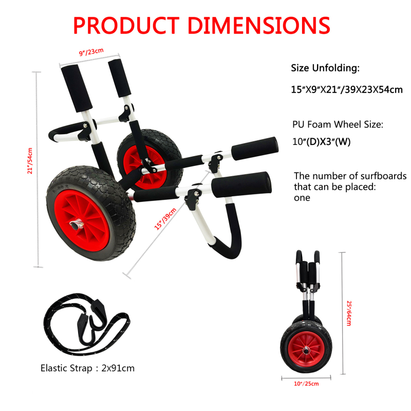 Sulankstomas SUP laivo vežimėlis – aliuminio lydinio rėmas, nerūdijančio plieno varžtai, putų buferis, atsparios važiuoklės padangos pliažui, kalnams ir nelygiems reljefams