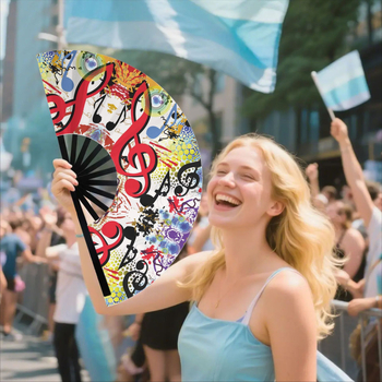 Πτυσσόμενος ανεμιστήρας με μοτίβο μουσικών νότων, Oxford ύφασμα / σατέν / μεταξωτό, ψηφιακή εκτύπωση, πλαστικό πλαίσιο, Αμερικανικό στυλ