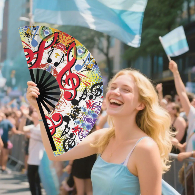 Πτυσσόμενος ανεμιστήρας με μοτίβο μουσικών νότων, Oxford ύφασμα / σατέν / μεταξωτό, ψηφιακή εκτύπωση, πλαστικό πλαίσιο, Αμερικανικό στυλ