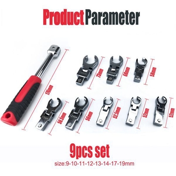 9-dielny set rúrkového kľúča s odnímateľnou otočnou hlavou a nastavovacím kľúčom — kovová konštrukcia