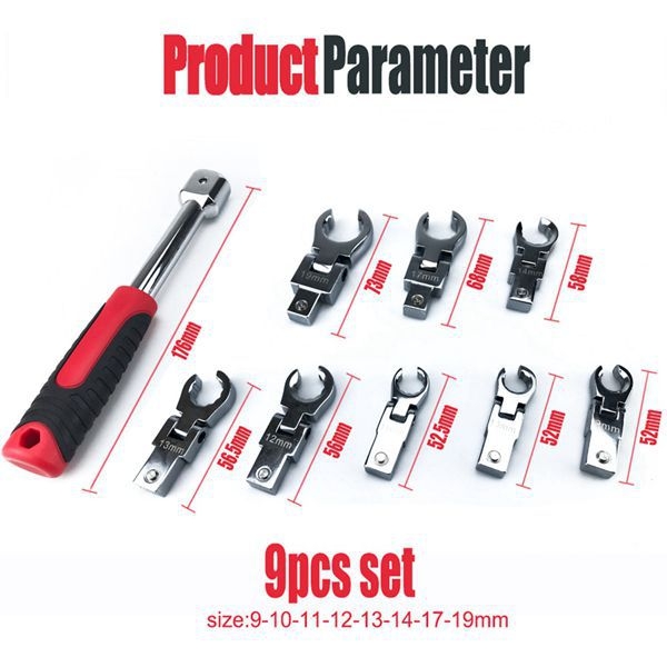 9-dielny set rúrkového kľúča s odnímateľnou otočnou hlavou a nastavovacím kľúčom — kovová konštrukcia