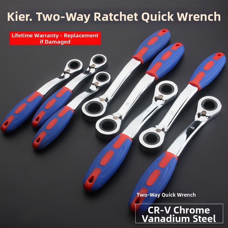 Klikový kľúč s reverzibilnou automatickou funkciou, obojsmerný, dvojité použitie, plastová zakrivená rukoväť, vysokouhlíková oceľ