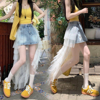 Denim stiliaus midi sijonas su tinklo paneliu, A linija, poliesterio mišinys 50-70%