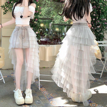 Denim stiliaus midi sijonas su tinklo paneliu, A linija, poliesterio mišinys 50-70%