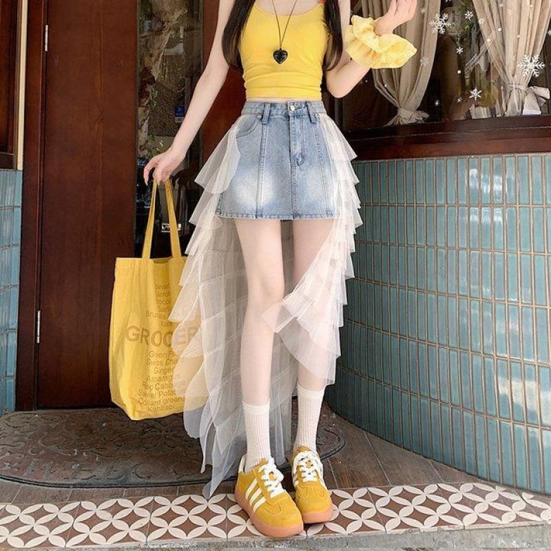 Denim stiliaus midi sijonas su tinklo paneliu, A linija, poliesterio mišinys 50-70%