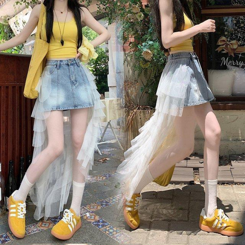 Denim stiliaus midi sijonas su tinklo paneliu, A linija, poliesterio mišinys 50-70%