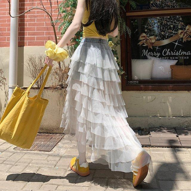 Denim stiliaus midi sijonas su tinklo paneliu, A linija, poliesterio mišinys 50-70%