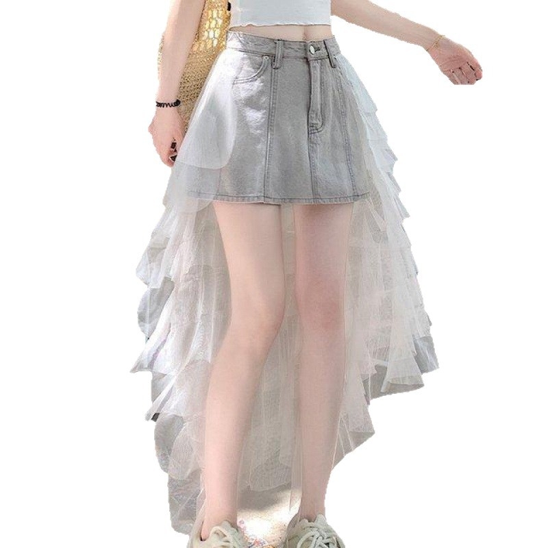 Denim stiliaus midi sijonas su tinklo paneliu, A linija, poliesterio mišinys 50-70%