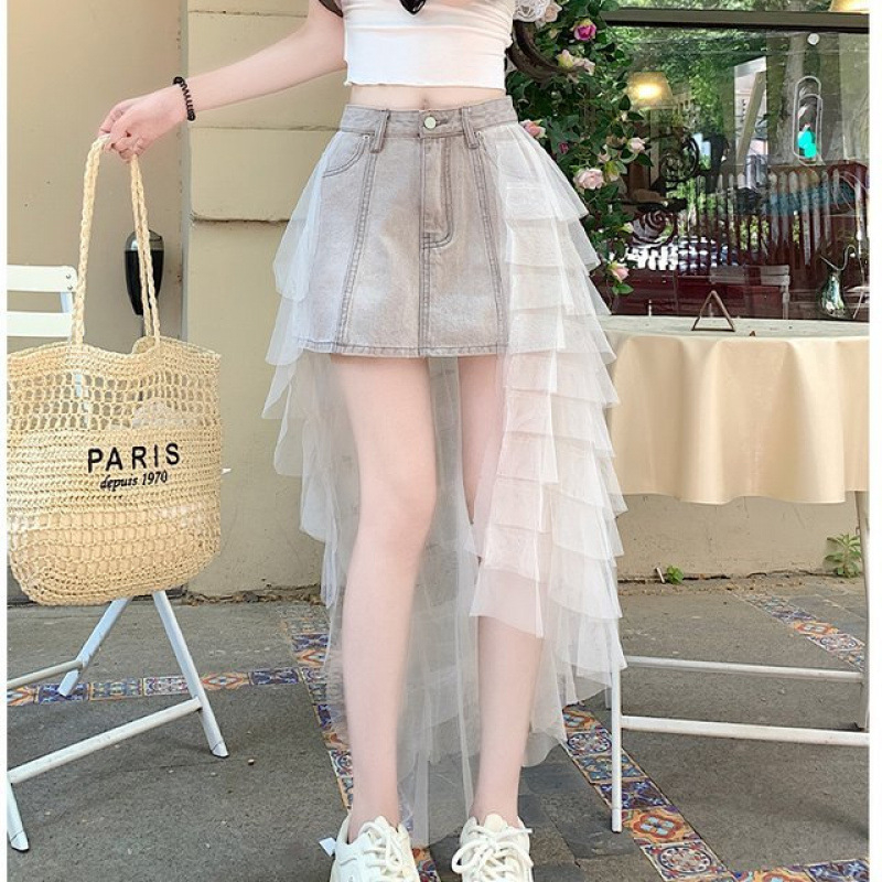 Denim stiliaus midi sijonas su tinklo paneliu, A linija, poliesterio mišinys 50-70%