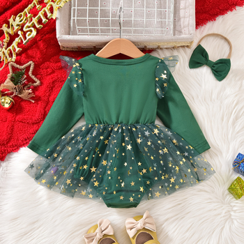 Dievčenský overal na vianočnú párty: dlhý rukáv, patchwork sieťovina, polyesterové pletené vlákno, vek 3–8 rokov, európsky štýl