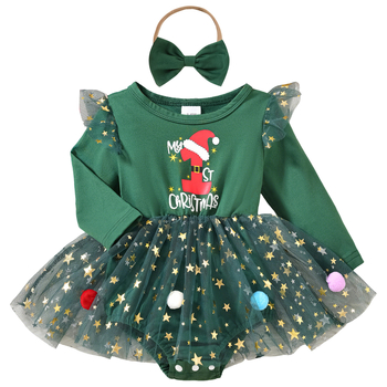 Dievčenský overal na vianočnú párty: dlhý rukáv, patchwork sieťovina, polyesterové pletené vlákno, vek 3–8 rokov, európsky štýl