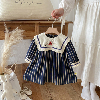 rochie din bumbac pentru fete, mâneci lungi, dungi, croială A-line, pentru copii 3-8 ani