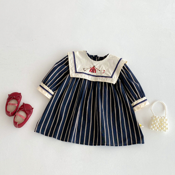 rochie din bumbac pentru fete, mâneci lungi, dungi, croială A-line, pentru copii 3-8 ani