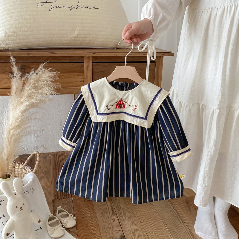 rochie din bumbac pentru fete, mâneci lungi, dungi, croială A-line, pentru copii 3-8 ani