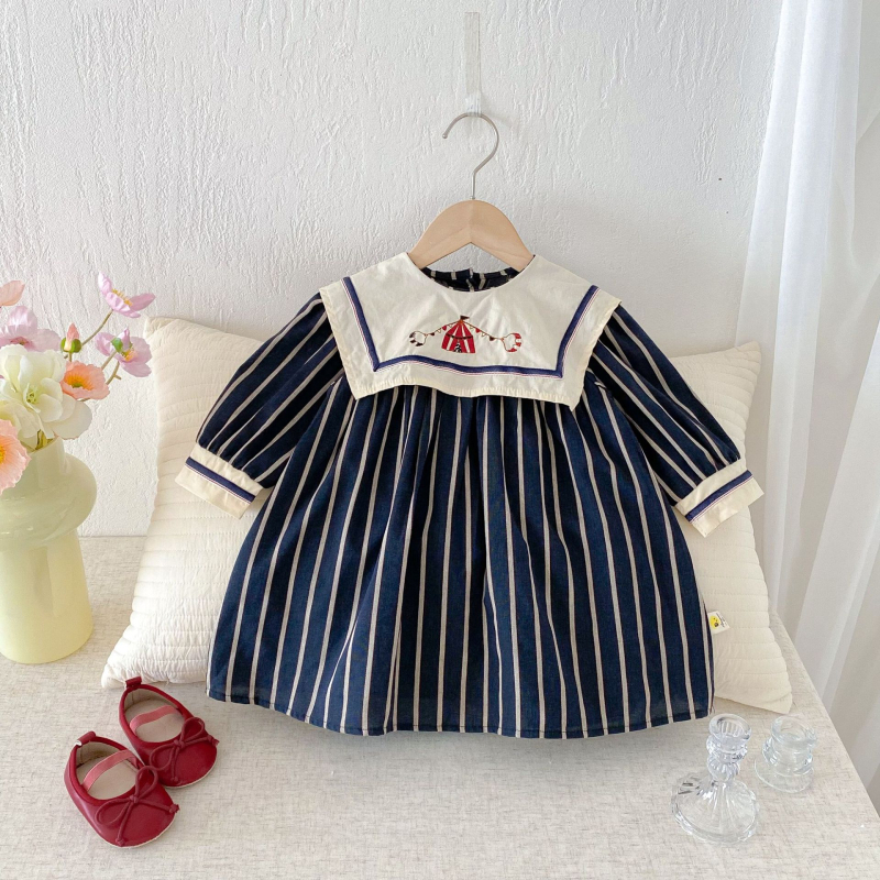 rochie din bumbac pentru fete, mâneci lungi, dungi, croială A-line, pentru copii 3-8 ani