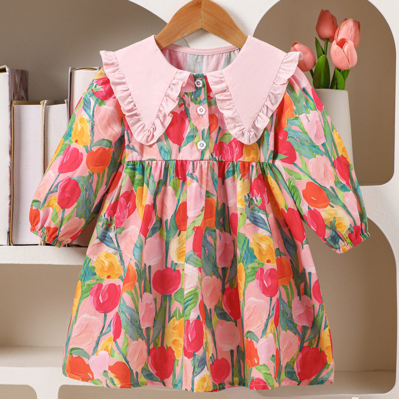 Haljina za djevojčice od 100% pamuka s cvjetnim uzorkom, velikim ovratnikom i dugim rukavima, za uzrast 3–8 godina.