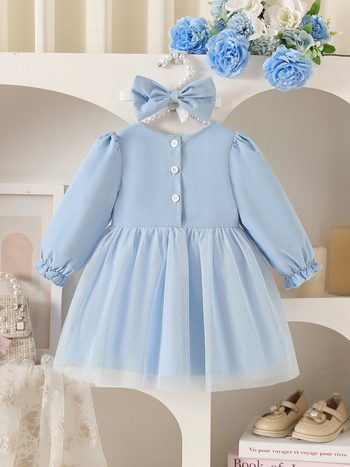 Tüdrukute kleit Euroopa–Ameerika stiilis pikkade varrukatega, liblikasõlme kaunistus, pliseeritud seelik, 100% polüester koos pehme voodriga, vanus 1–3 aastat, kõikide aastaaegade jaoks