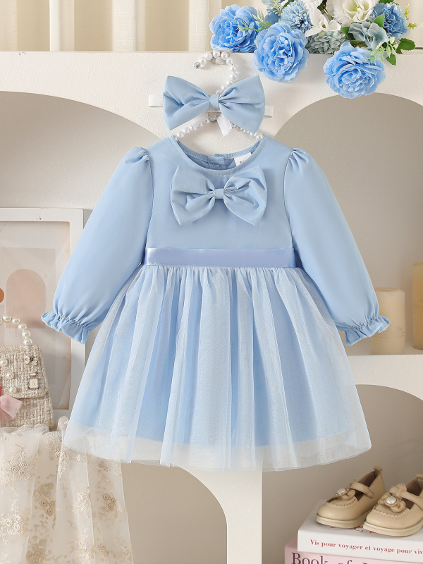 Tüdrukute kleit Euroopa–Ameerika stiilis pikkade varrukatega, liblikasõlme kaunistus, pliseeritud seelik, 100% polüester koos pehme voodriga, vanus 1–3 aastat, kõikide aastaaegade jaoks