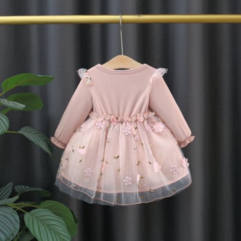 Rochie de prințesă pentru fete, broderie florală pe fustă din plasă, mâneci lungi, croială în A-line, amestec bumbac-poliester