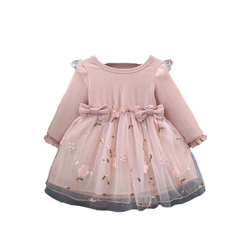 Rochie de prințesă pentru fete, broderie florală pe fustă din plasă, mâneci lungi, croială în A-line, amestec bumbac-poliester