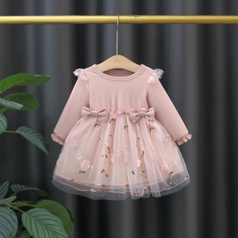Rochie de prințesă pentru fete, broderie florală pe fustă din plasă, mâneci lungi, croială în A-line, amestec bumbac-poliester