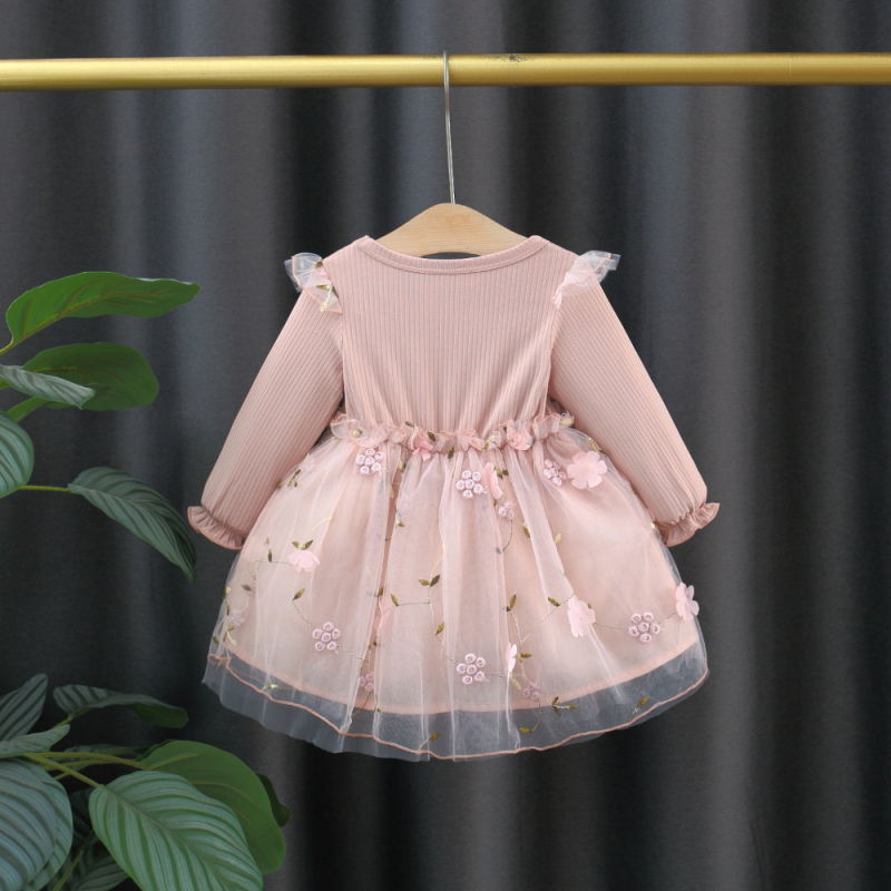 Rochie de prințesă pentru fete, broderie florală pe fustă din plasă, mâneci lungi, croială în A-line, amestec bumbac-poliester