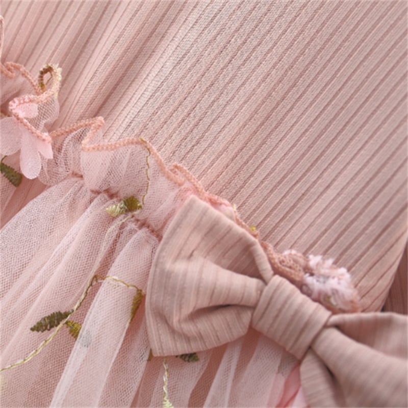 Rochie de prințesă pentru fete, broderie florală pe fustă din plasă, mâneci lungi, croială în A-line, amestec bumbac-poliester