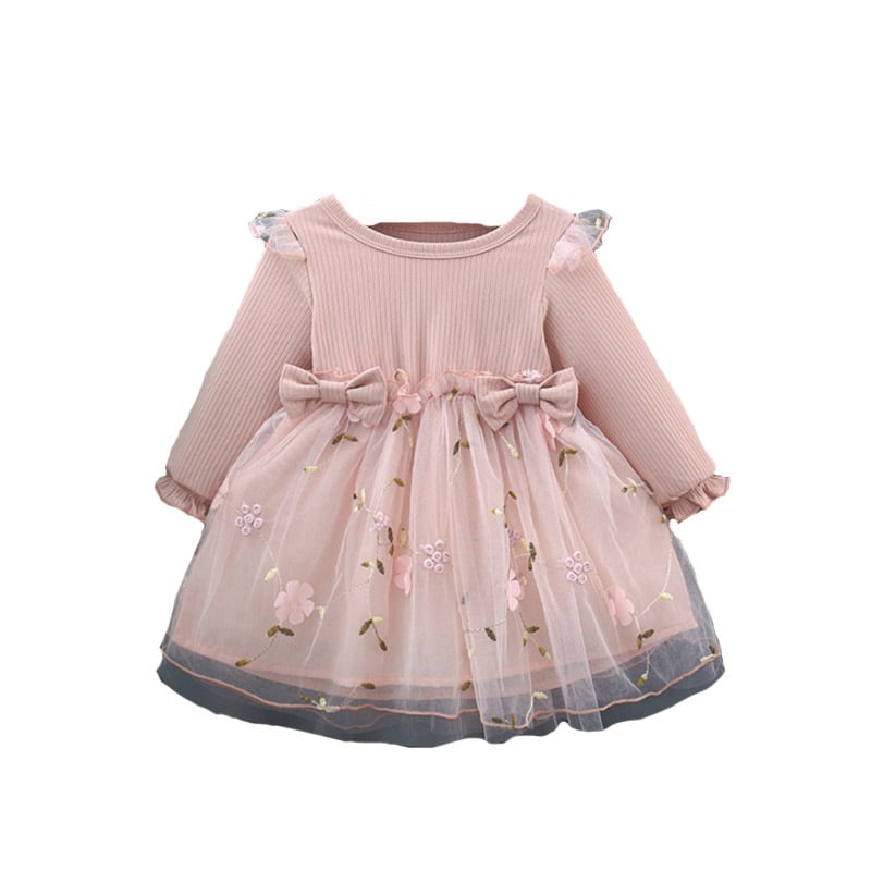 Rochie de prințesă pentru fete, broderie florală pe fustă din plasă, mâneci lungi, croială în A-line, amestec bumbac-poliester