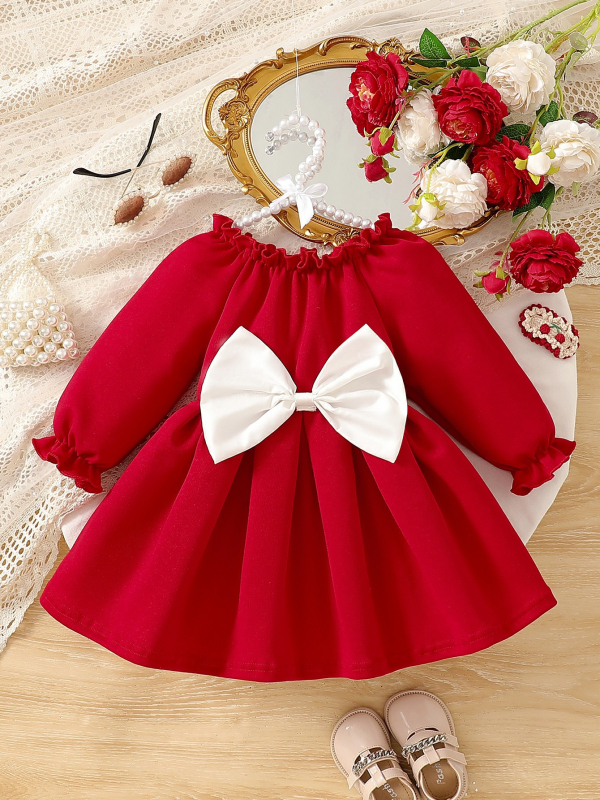 Детска рокля с дълги ръкави, декорация с пеперуда и пола в стил принцеса, полиестер | стил: корейска версия | материя: полиестер | подплата: полиестер | възраст: 0–12 месеца | сезон: пролет и есен