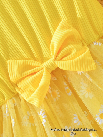 Dievčenské šaty s dlhým rukávom, princeznovský štýl, sieťovinový materiál Milk Silk, potlač cartoon kvetinový, pre vek 1–3 roky, jeseň-zima