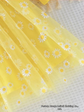 Dievčenské šaty s dlhým rukávom, princeznovský štýl, sieťovinový materiál Milk Silk, potlač cartoon kvetinový, pre vek 1–3 roky, jeseň-zima