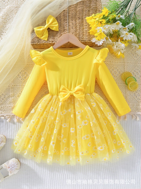 Dievčenské šaty s dlhým rukávom, princeznovský štýl, sieťovinový materiál Milk Silk, potlač cartoon kvetinový, pre vek 1–3 roky, jeseň-zima