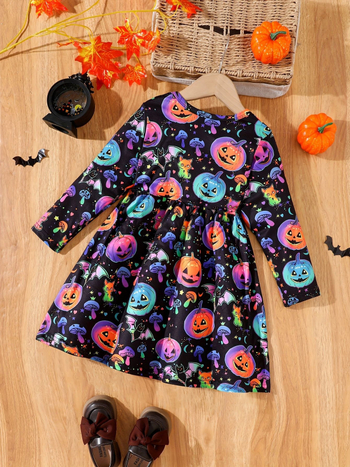 Detské šaty na Halloween: kreslený vzor, A-line strih, 95% polyester, podšité polyesterom