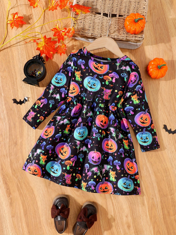 Detské šaty na Halloween: kreslený vzor, A-line strih, 95% polyester, podšité polyesterom
