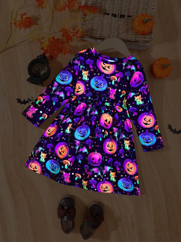 Detské šaty na Halloween: kreslený vzor, A-line strih, 95% polyester, podšité polyesterom