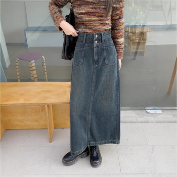 A linijos midi džinsų sijonas, 70–80% medvilnė, iki 30% poliesterio, korėjietiško laisvalaikio stilius