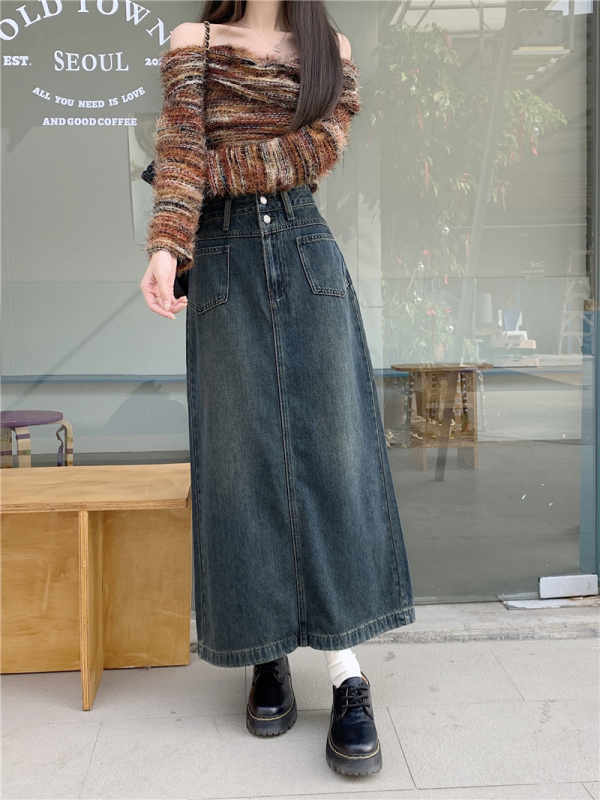 A linijos midi džinsų sijonas, 70–80% medvilnė, iki 30% poliesterio, korėjietiško laisvalaikio stilius