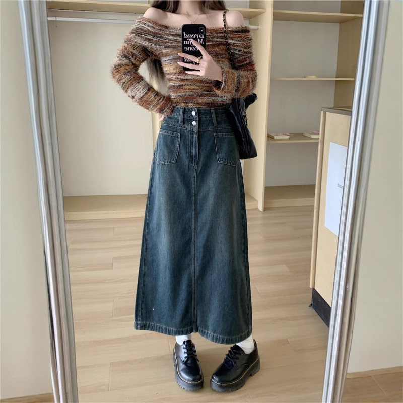 A linijos midi džinsų sijonas, 70–80% medvilnė, iki 30% poliesterio, korėjietiško laisvalaikio stilius