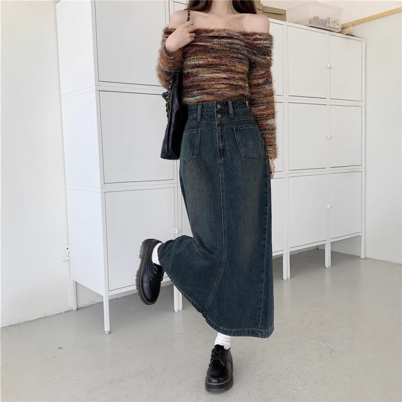 A linijos midi džinsų sijonas, 70–80% medvilnė, iki 30% poliesterio, korėjietiško laisvalaikio stilius