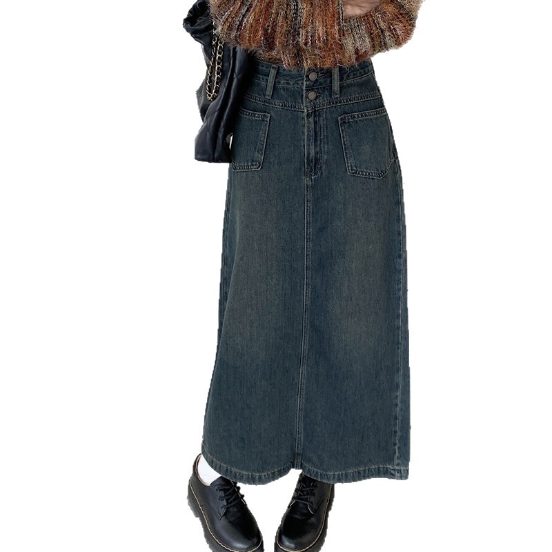 A linijos midi džinsų sijonas, 70–80% medvilnė, iki 30% poliesterio, korėjietiško laisvalaikio stilius