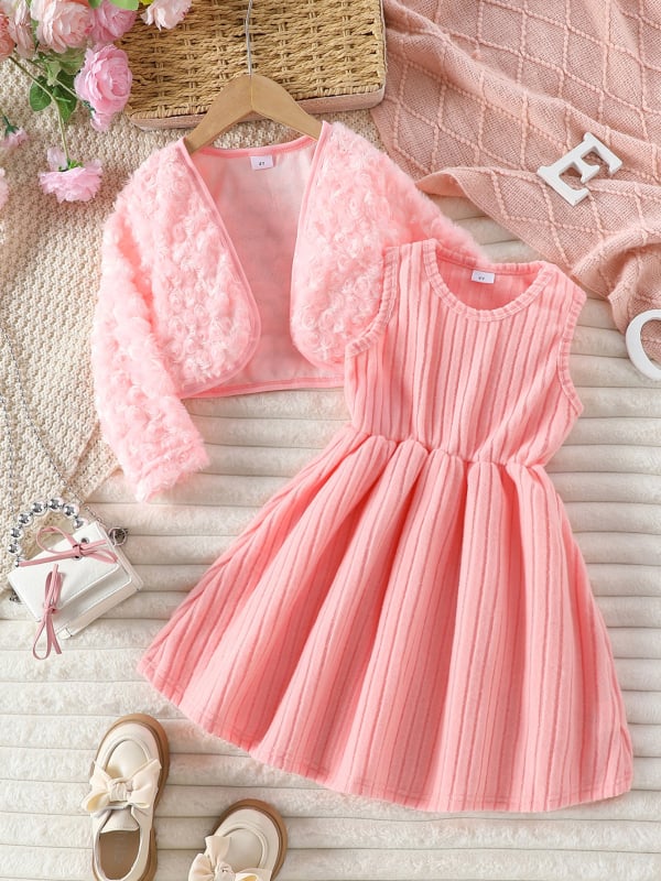 Dievčenský dvojdielny set: chlpaté vonkajšie oblečenie s kvetinovým vzorom a šaty, pletený materiál, polyester 95%, podšívka spandex, šaty typu A-line, vek 3–8 rokov, zima 2025