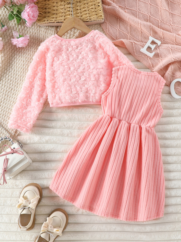 Dievčenský dvojdielny set: chlpaté vonkajšie oblečenie s kvetinovým vzorom a šaty, pletený materiál, polyester 95%, podšívka spandex, šaty typu A-line, vek 3–8 rokov, zima 2025