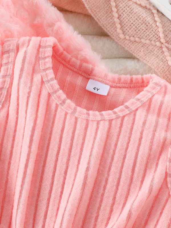 Dievčenský dvojdielny set: chlpaté vonkajšie oblečenie s kvetinovým vzorom a šaty, pletený materiál, polyester 95%, podšívka spandex, šaty typu A-line, vek 3–8 rokov, zima 2025