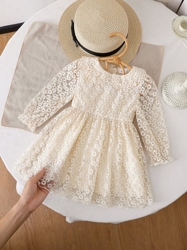 Dievčenské šaty s dlhými rukávmi, okrúhly výstrih, čipka, 100% polyester, podšité