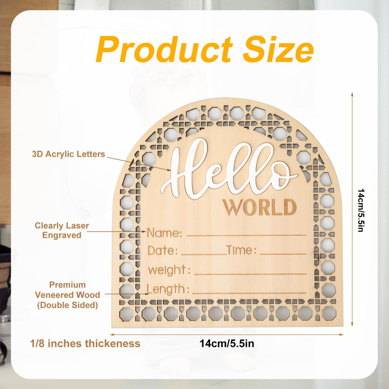 Pandantiv din lemn pentru nașterea bebelușului – Boxwood, HelloWorld anunț de naștere, stil modern minimalist