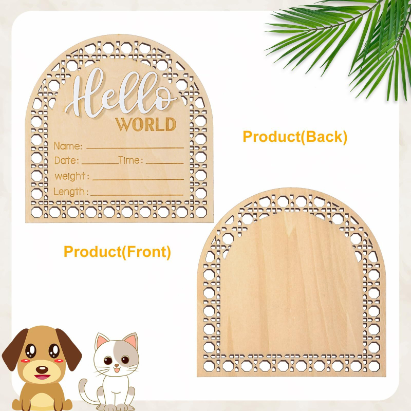 Pandantiv din lemn pentru nașterea bebelușului – Boxwood, HelloWorld anunț de naștere, stil modern minimalist