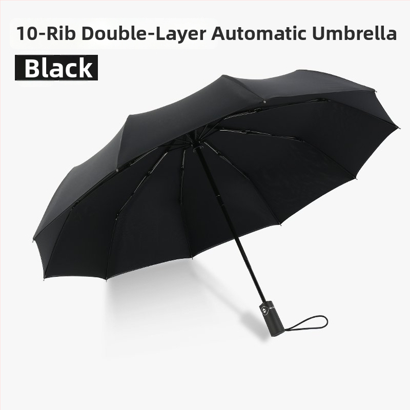 Двоен слой автоматичен чадър за слънце и дъжд, сгъваем, с 10 ребра, дизайн с 3 части, възможност за печат на лого