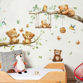 Αυτοκόλλητο τοίχου – Καρτούν αρκουδάκι σε κλαδί, αυτοκόλλητο, αδιάβροχο, PVC, 1 τεμάχιο, για σαλόνι, υπνοδωμάτιο και είσοδο